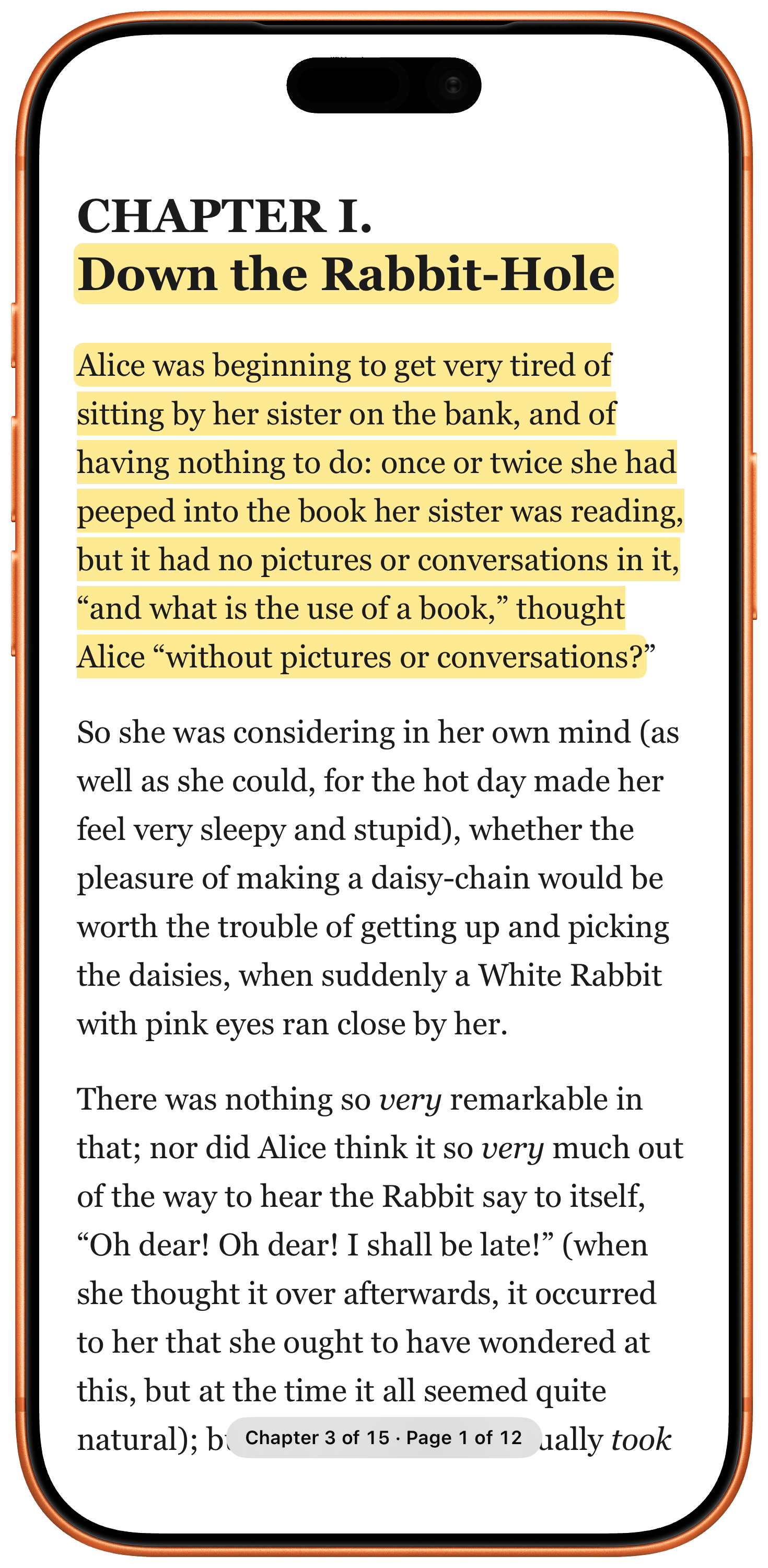 BubbleSpeak Comics reading an EPUB book aloud, with the current sentence highlighted and a chapter and page progress pill.